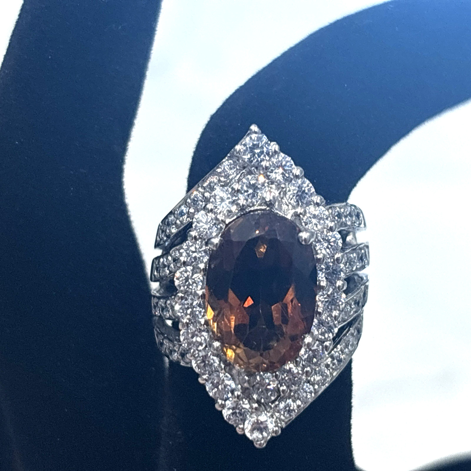 Sterling Silver Ring Statement Cocktail Brown Orange Stone CZ Split Shank 6.5