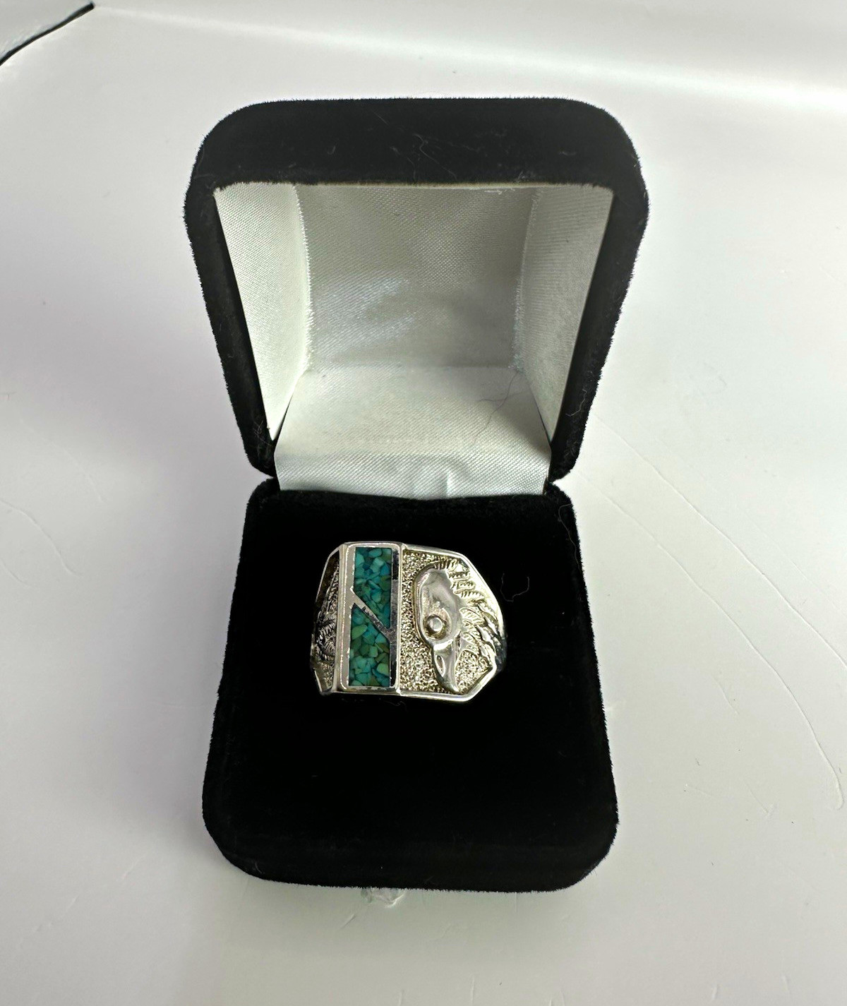 Russian “84” silver ring with turquoise inlay and eagle design. Size 12