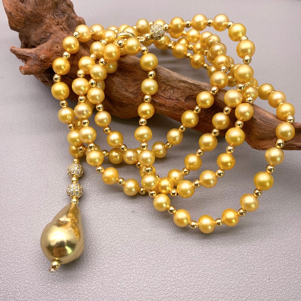 Cultured AA Grade Golden Pearl Gold Plated Baroque Pearl Long Necklace 36″