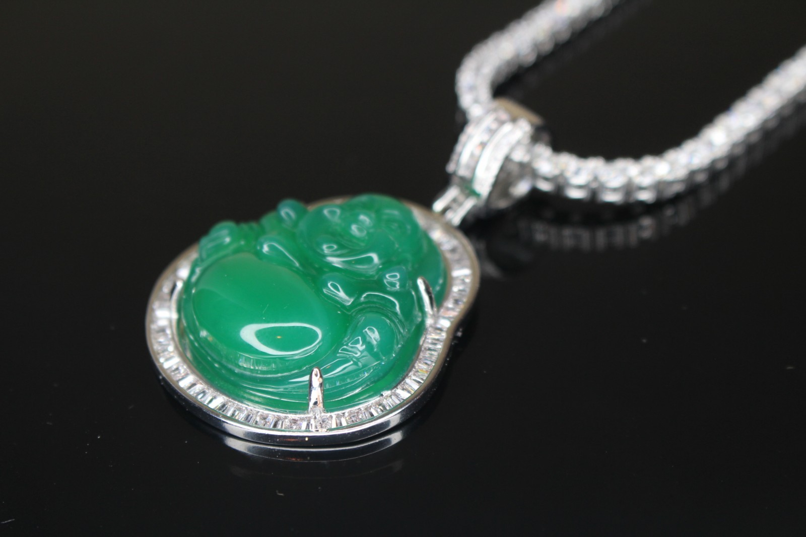 14k STAMPED Happy Buddha GREEN Jade Pendant TENNIS 44ct Lab Sim BAGUETTE Diamond