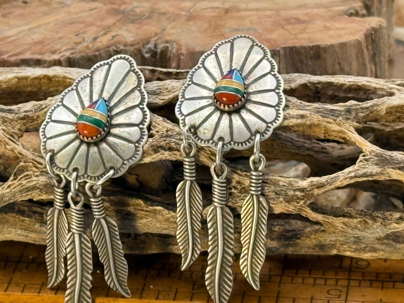 Wheeler Manufacturing Sterling MultiStone Inlay Concho Feather Earrings-2362.25