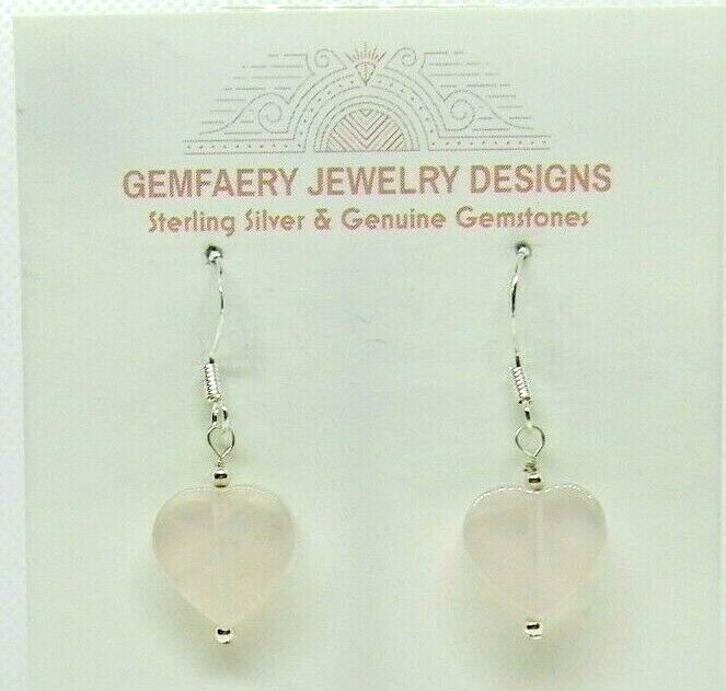 Sterling Silver Carved Natural ROSE QUARTZ Heart Earrings #8324…Handmade USA