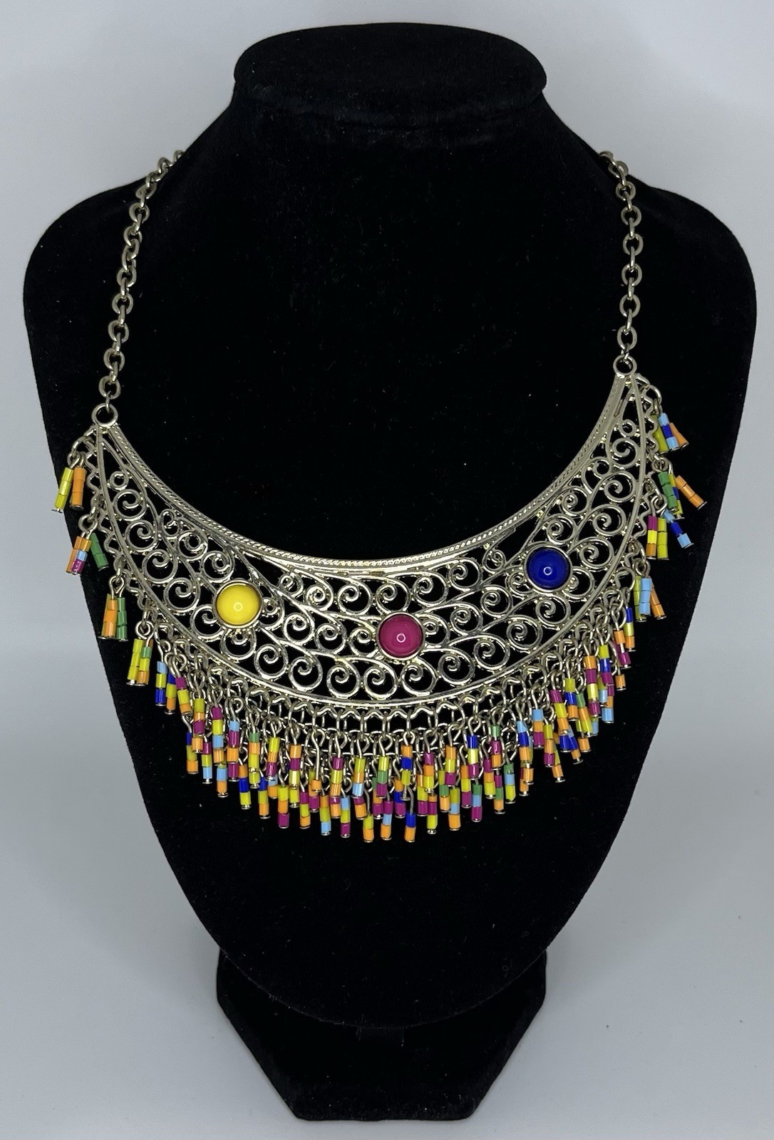Silver Tone Bohemian Bib Choker Necklace, Multicolor Beads, Adjustable Cable