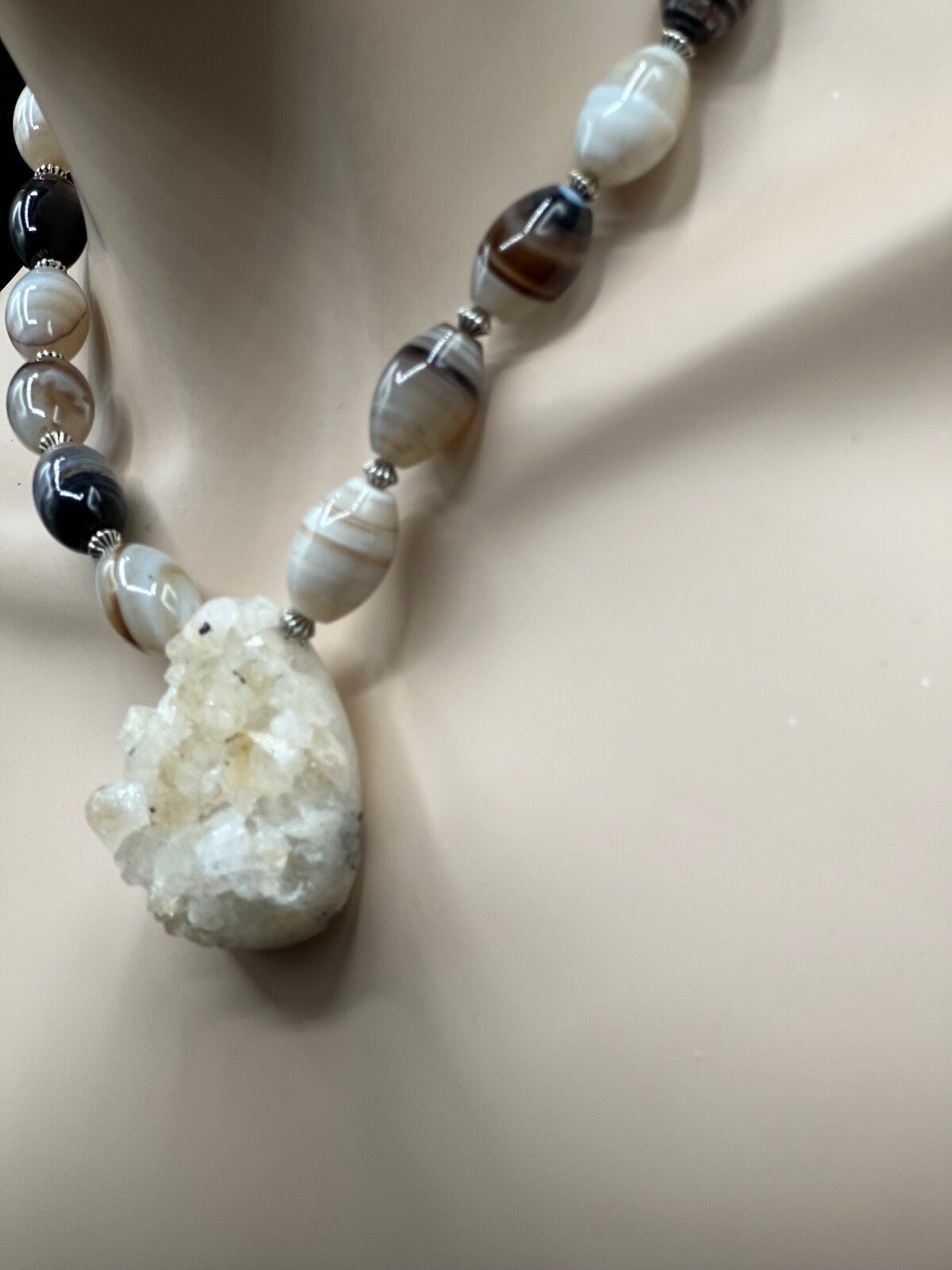 NATURAL DRUSY QUARTZ PENDANT WITH BOSTWANA AGATE BEAD NECKLACE EARRING SET