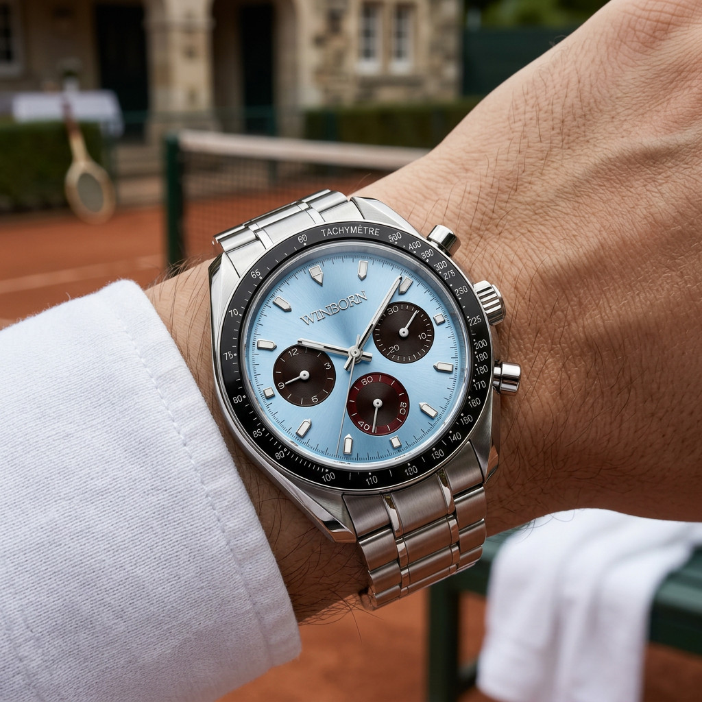 Winborn Ice Blue Panda Dial Chronograph Watch Stainless Steel Tachymeter 41mm