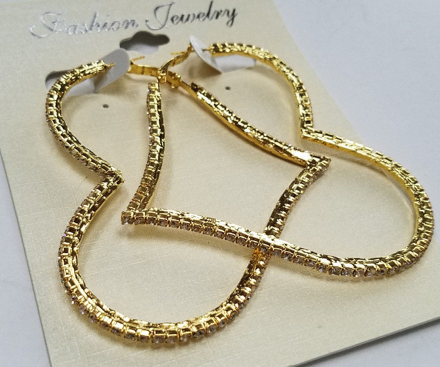 BIG HEART HOOPS GOLD TONE LADIES FASHION EARRINGS SPARKLE WHITE CRYSTALS STONES