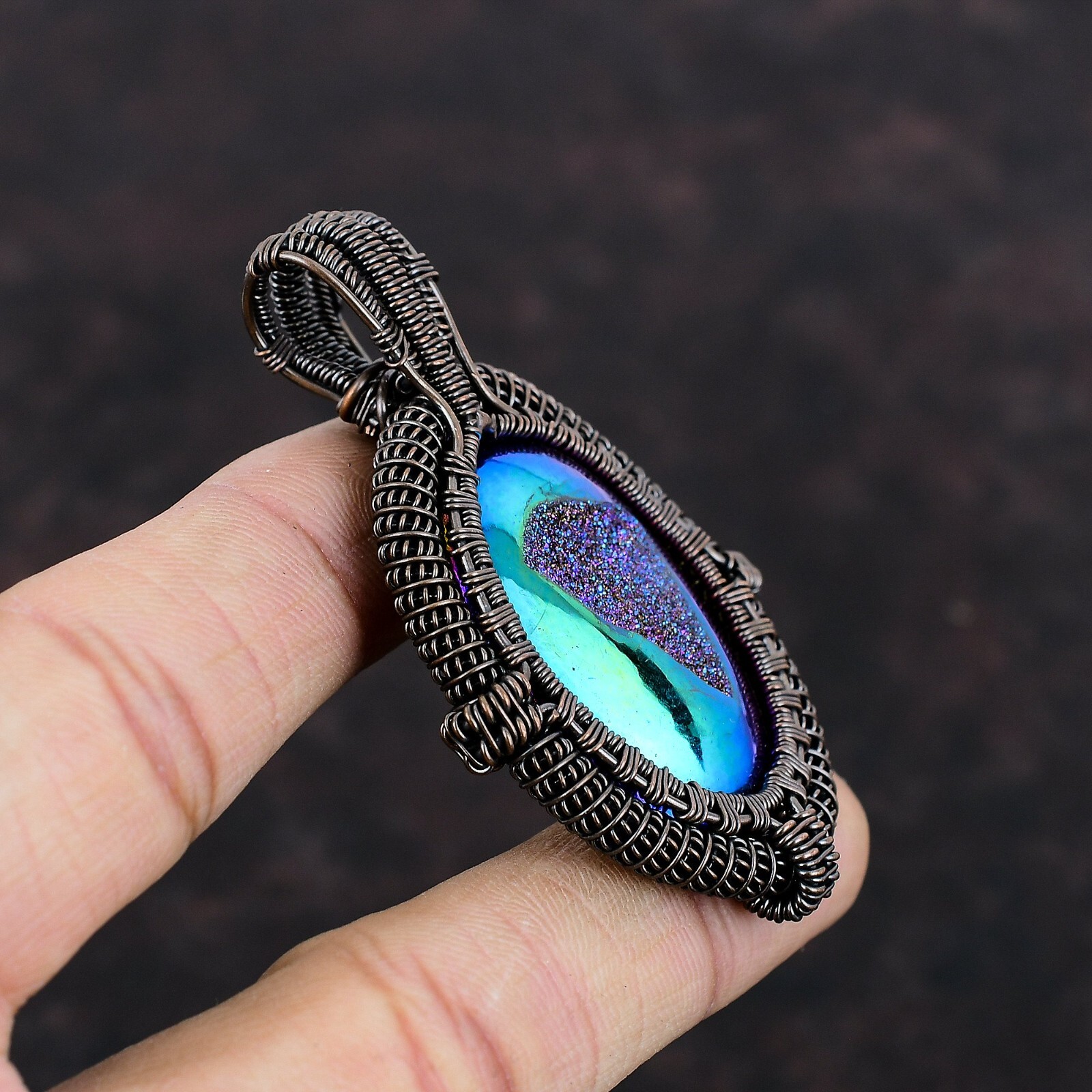 Women’s Day Gift Titanium Druzy Copper Gift For Bestie Wire Wrapped Pendant 2.6″