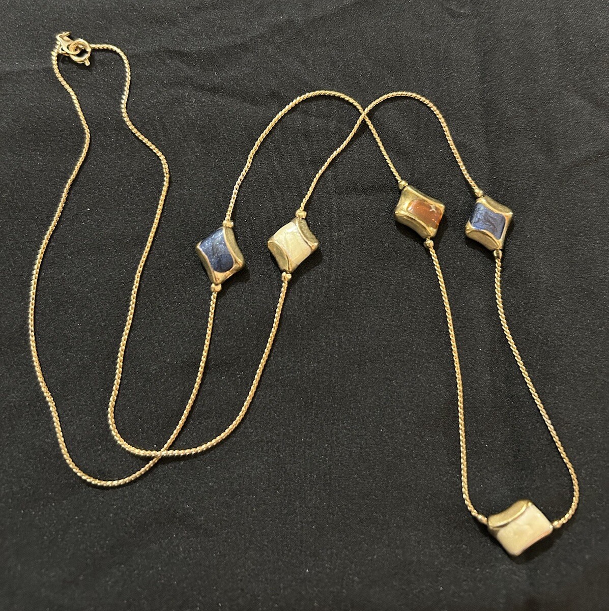 Long Station Necklace Gold Toned With Stone Beads Ivory Blue Brown MCM Style