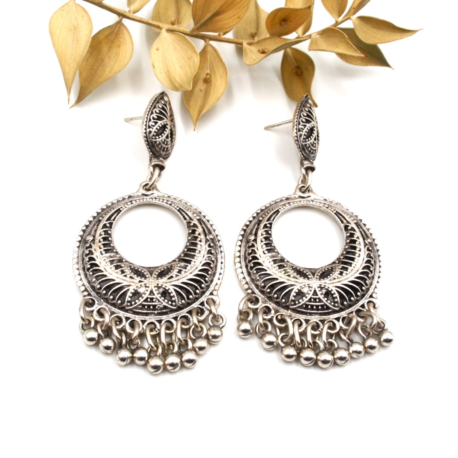 Boho Ethnic Antique Silver Crescent Chandelier Dangle Fringe Bohemian Earrings