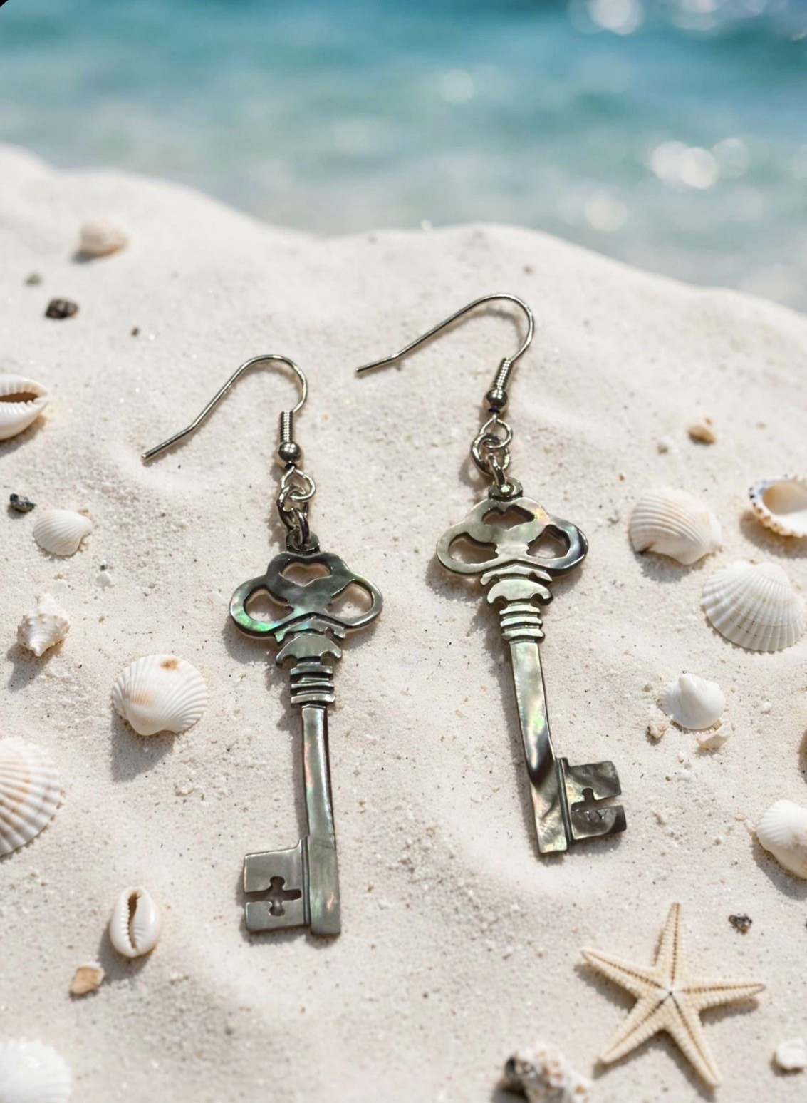 Black lip Shell Vintage Key earrings