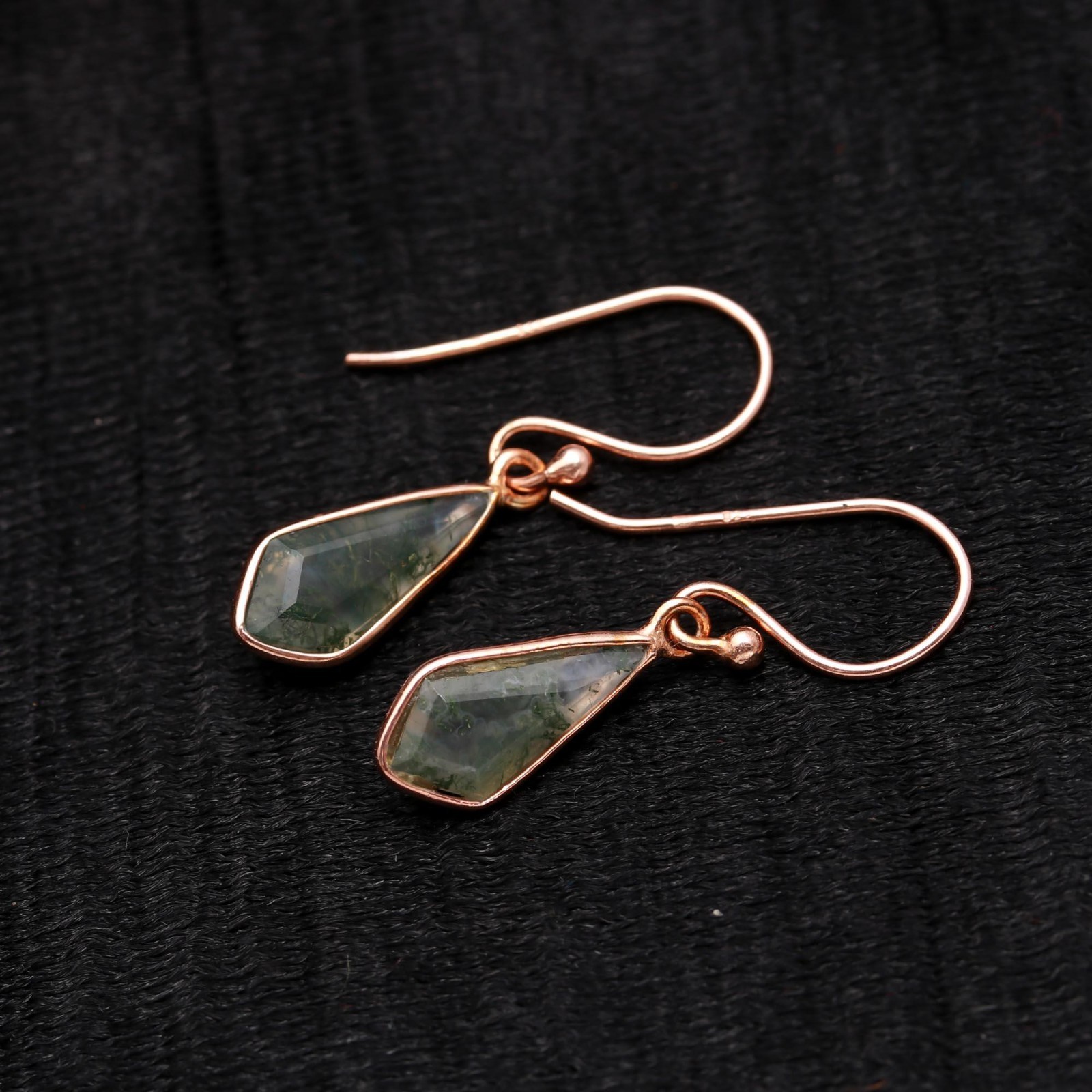 Natural Moss Agate Kite Dangle Earrings Rose Gold Plated Solid Silver Jewelry