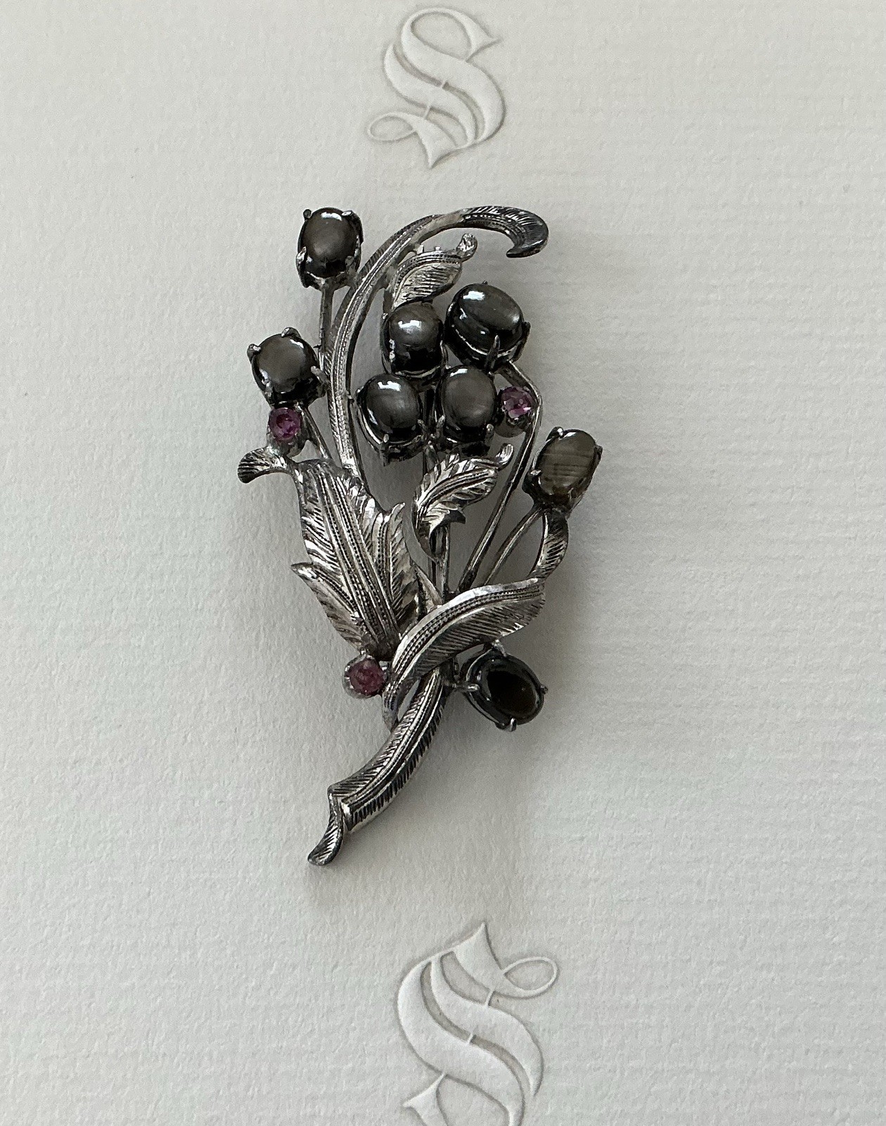 Vintage Sterling Black Star Sapphire & Ruby Floral Bouquet Brooch Pin