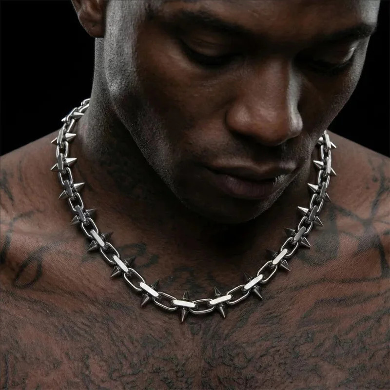Gothic Punk Spike Cuban Chain Necklace Retro Spike Chain Neck Choker Metal Titan