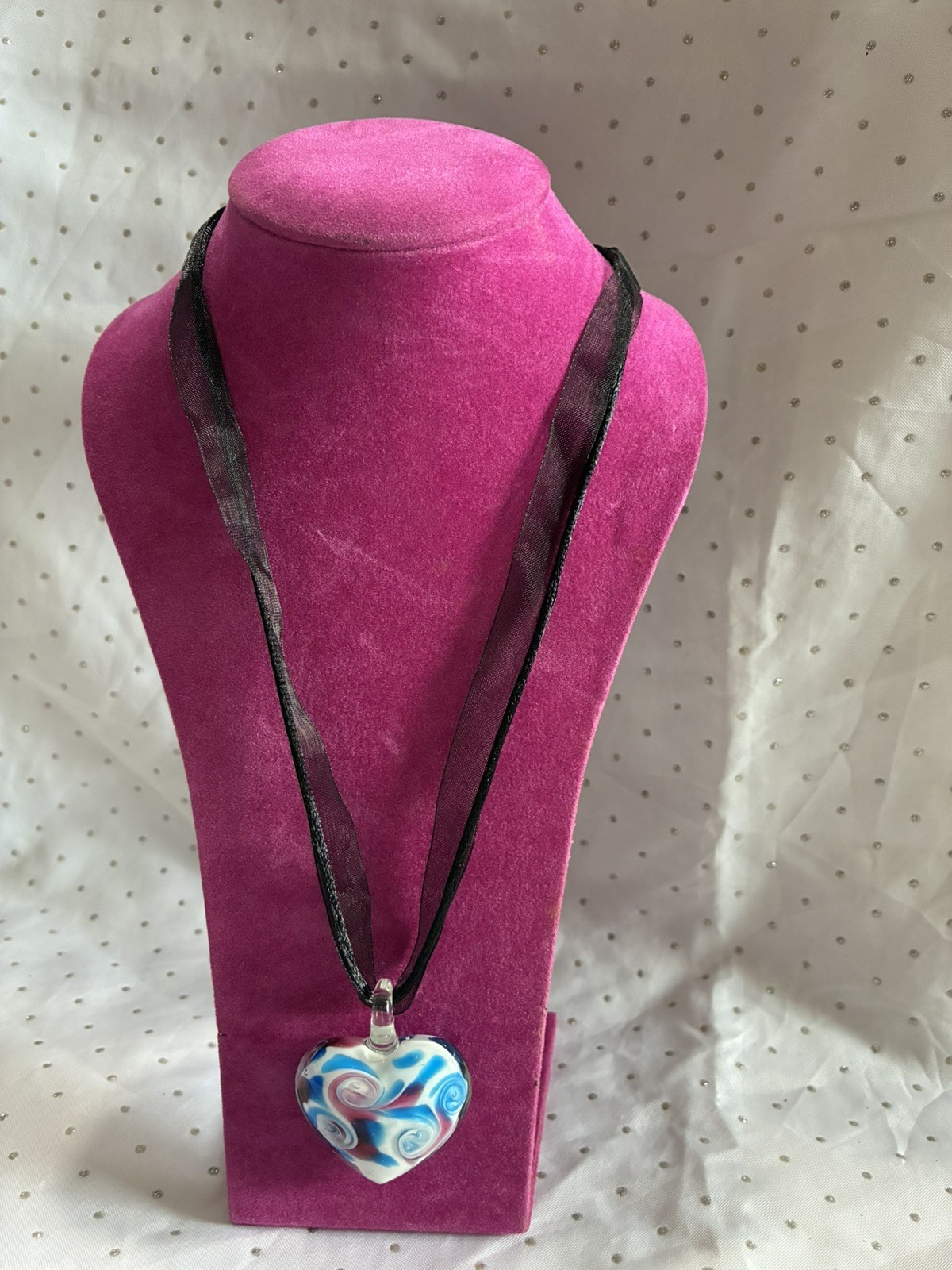 Murano Glass Style Heart White Blue Pink -Black Cord Ribbon Necklace 40cm Length