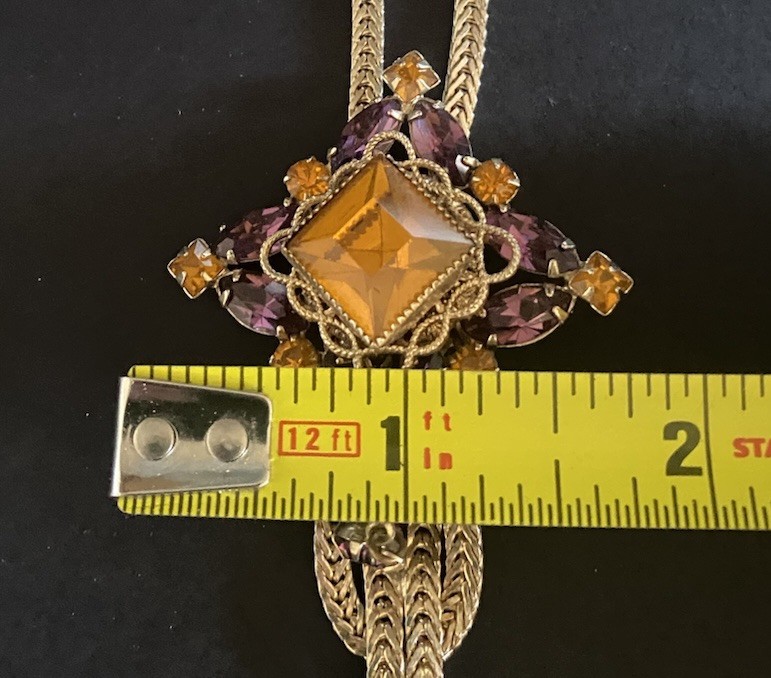 Fixed-Pendant Lariat Necklace Faux Citrine & Amethyst Herringbone Chain ’70s VTG