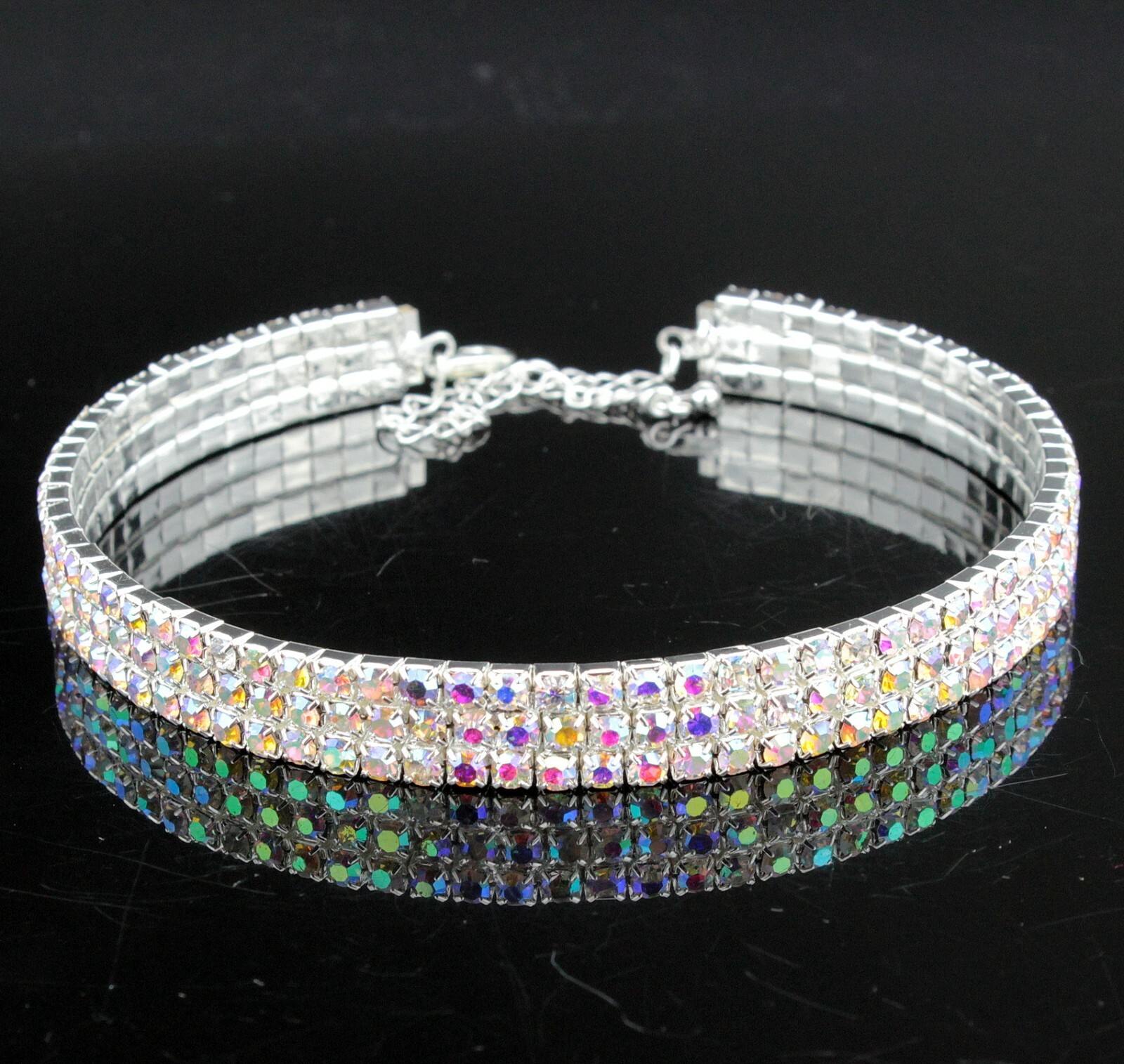 3-Row White AB Austrian Rhinestone Crystal Choker Necklace Party Silver N175AB