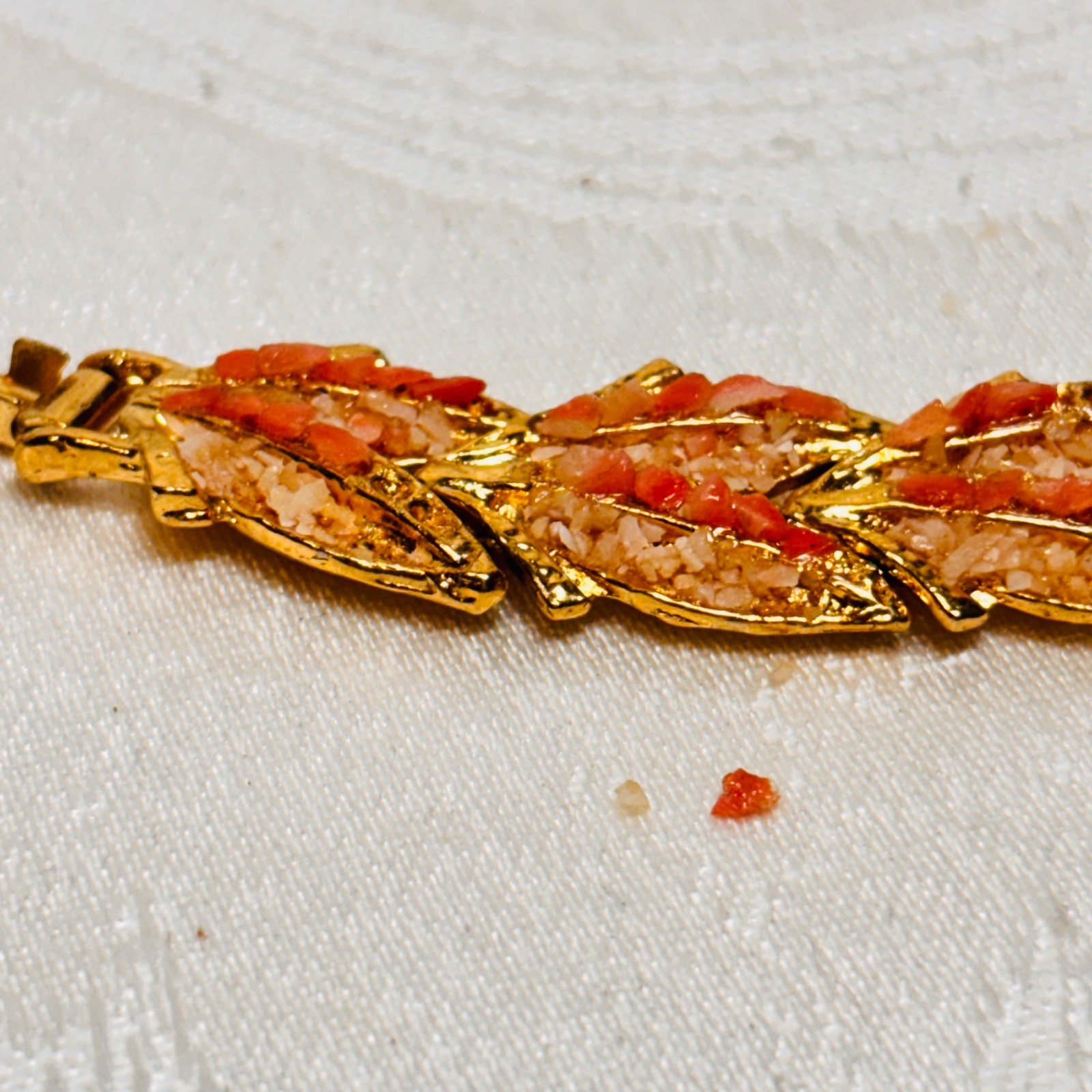 BRACELET orange white stone chips fold over clasp vintage DAMAGE missing chips
