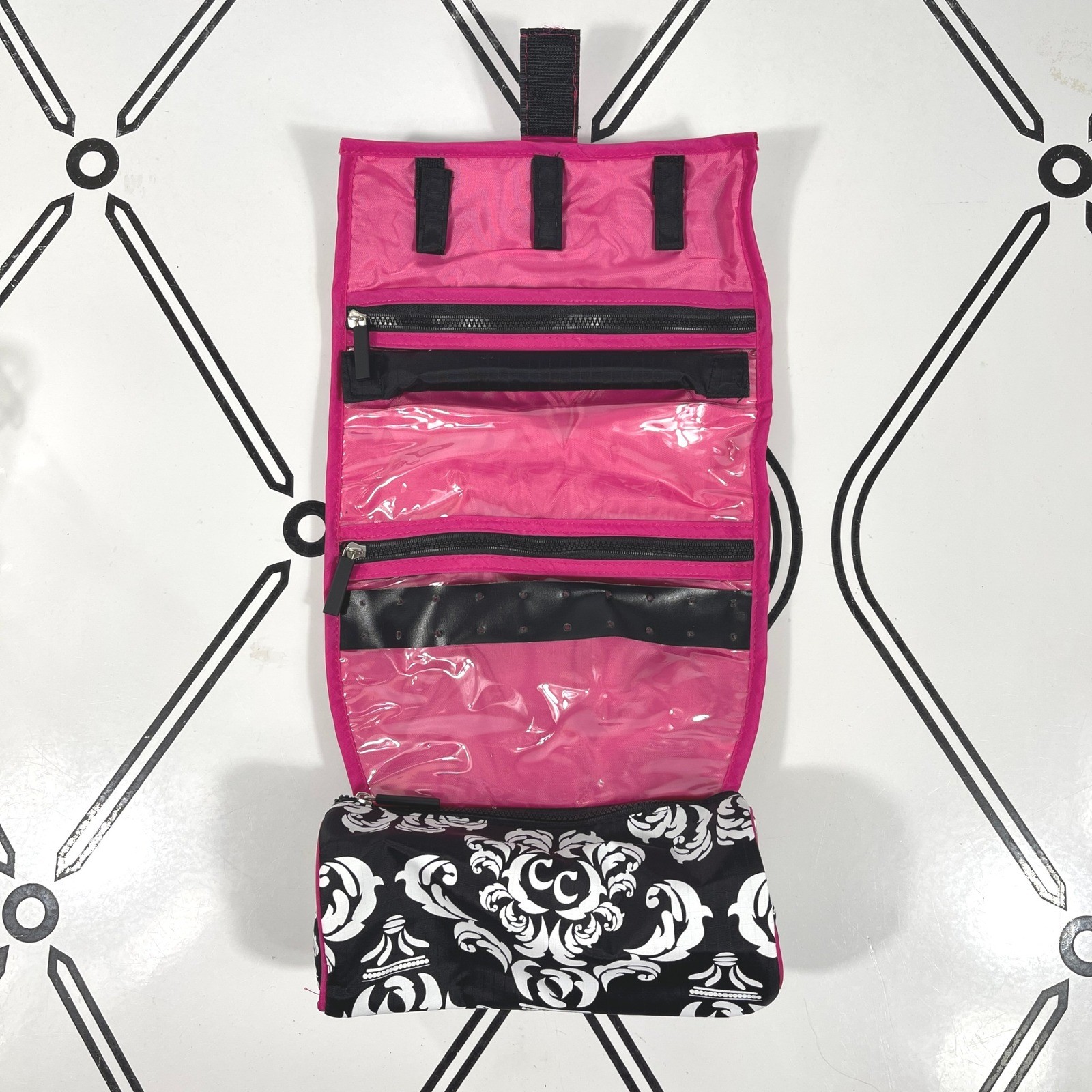 Jewelry Travel Organizer Roll Up Bag On a Roll Damask Pink