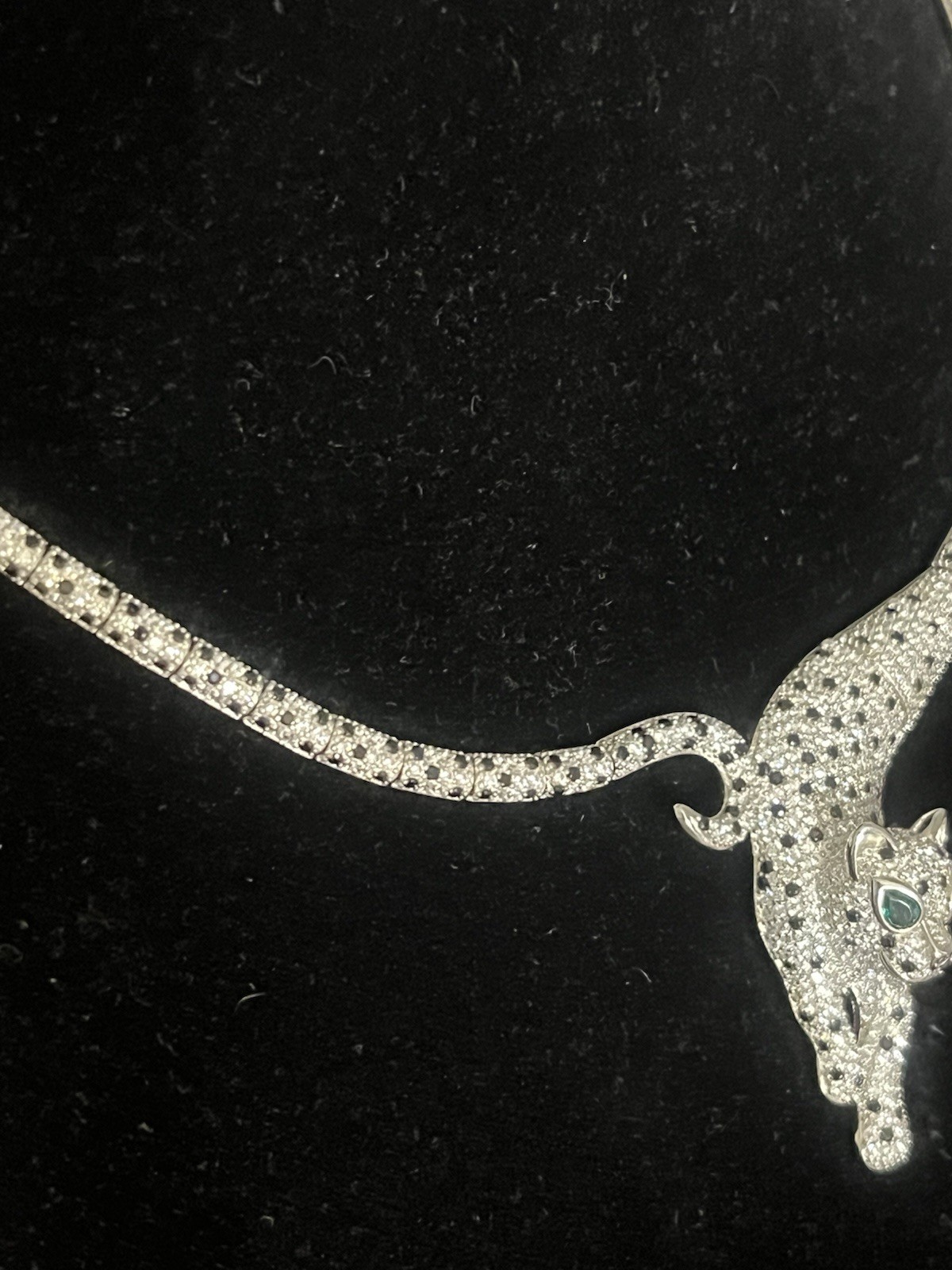RACHEL ZOE STERLING SILVER BLACK WHITE STONES JAGUAR NECKLACE 18IN GREEN EYES