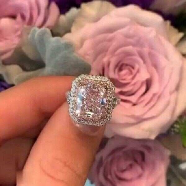4Ct Lab-Created Pink Sapphire Attractive Halo Engagement Ring 14K White Gold Fn