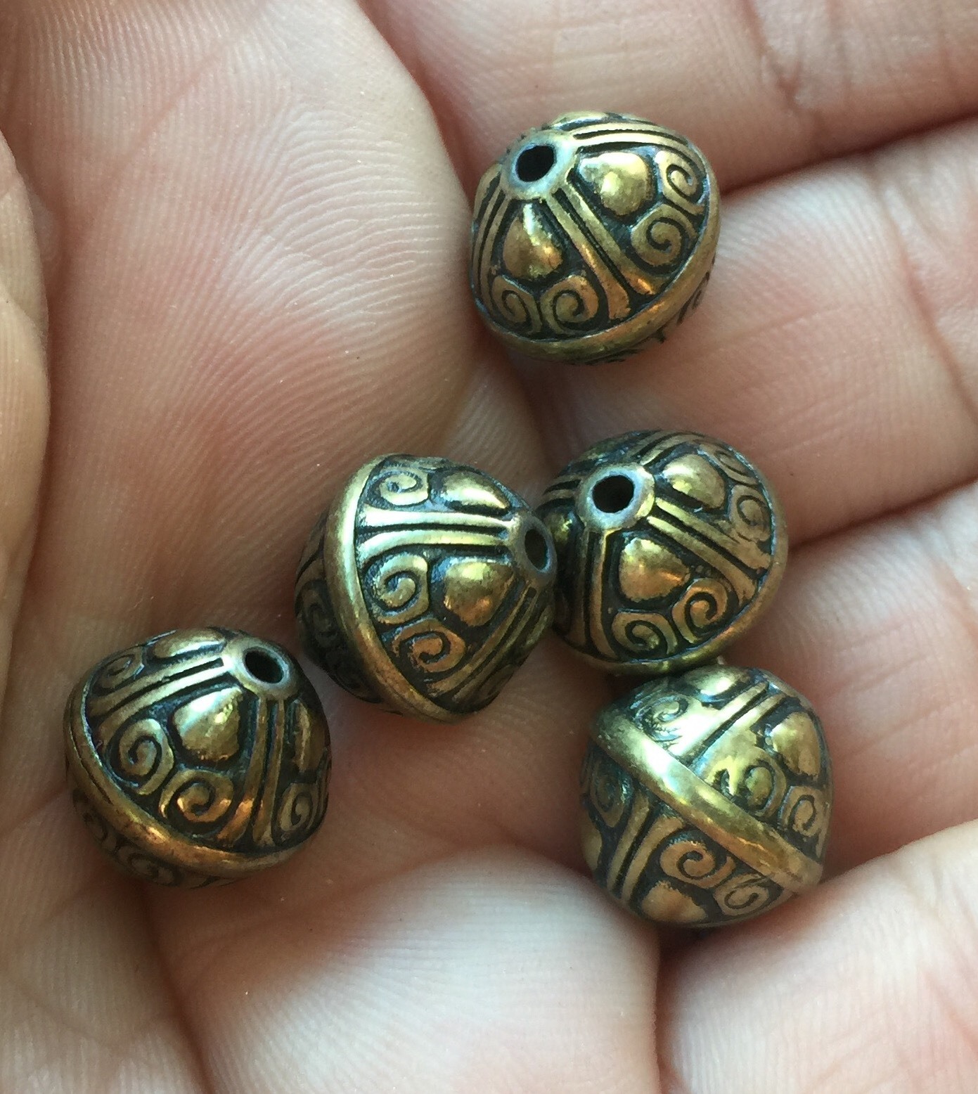 Vintage Aged Brass Color Etruscan Fancy Drum Bicone Metallic Lucite Bead Lot