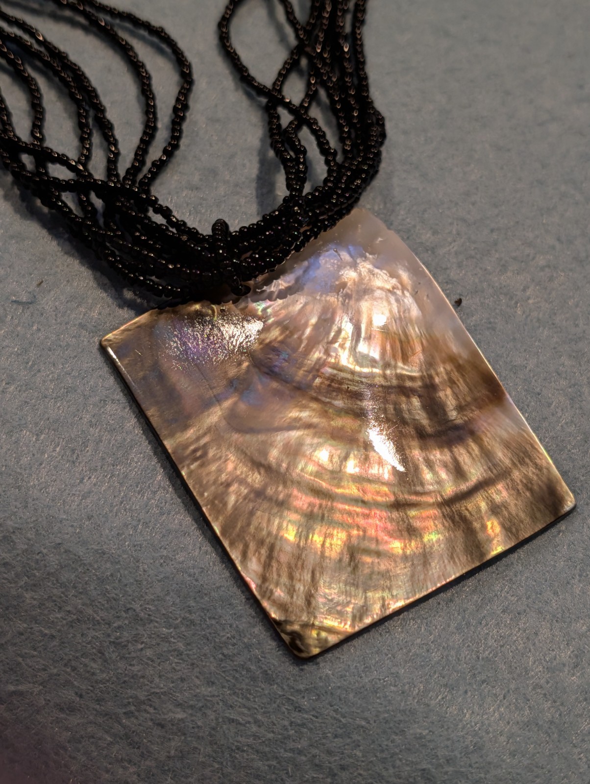 Bllack Seed Bead Necklace Iridescent Square Mother of Pearl Pendant