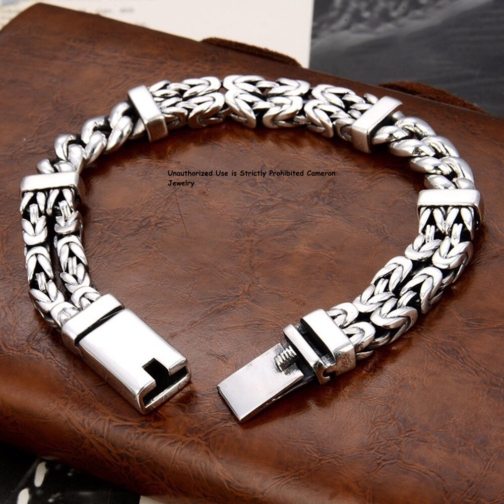 Pure S925 Sterling Silver Chain Men 11mm Curb Byzantine Link Bracelet 52g 8.26in