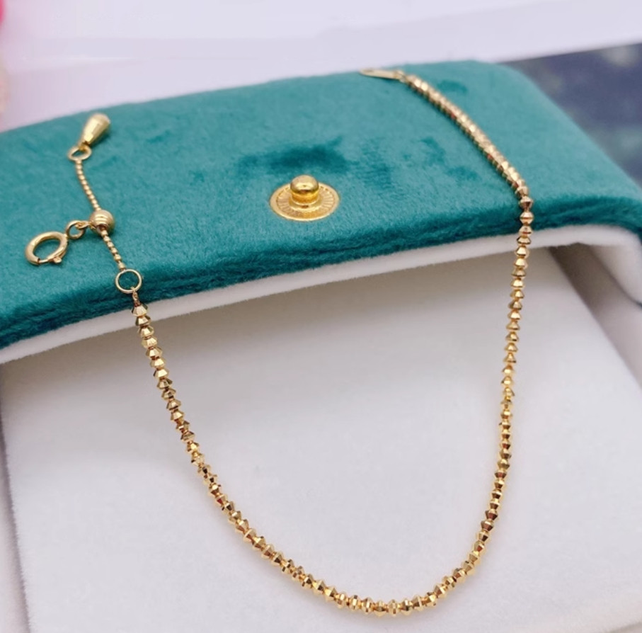 Solid 18K Yellow Gold AU750 Laser Beads Bracelet Bangle Chain Adjust 16-18cm