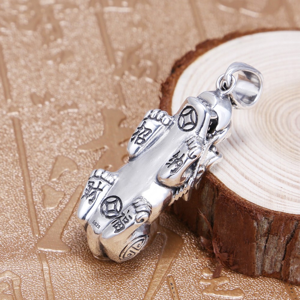 Pure S925 Sterling Silver Men Women Carved Wealth Pixiu Bead Pendant 46-47g