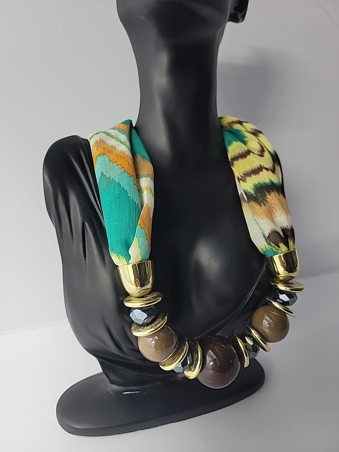 Vintage Boho Statement Necklace Fabric Beads Resin Gold Tone Boho Boutique