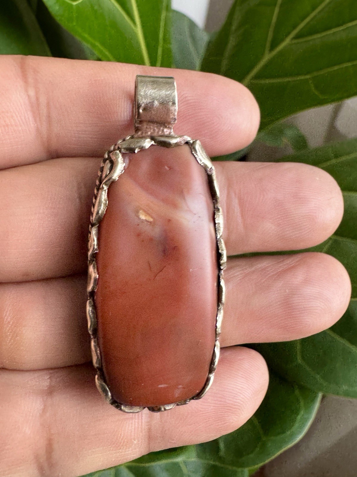 Vintage Himalayan Agate Pendant Auspicious Floral Carving Set in Silver 2in,20g