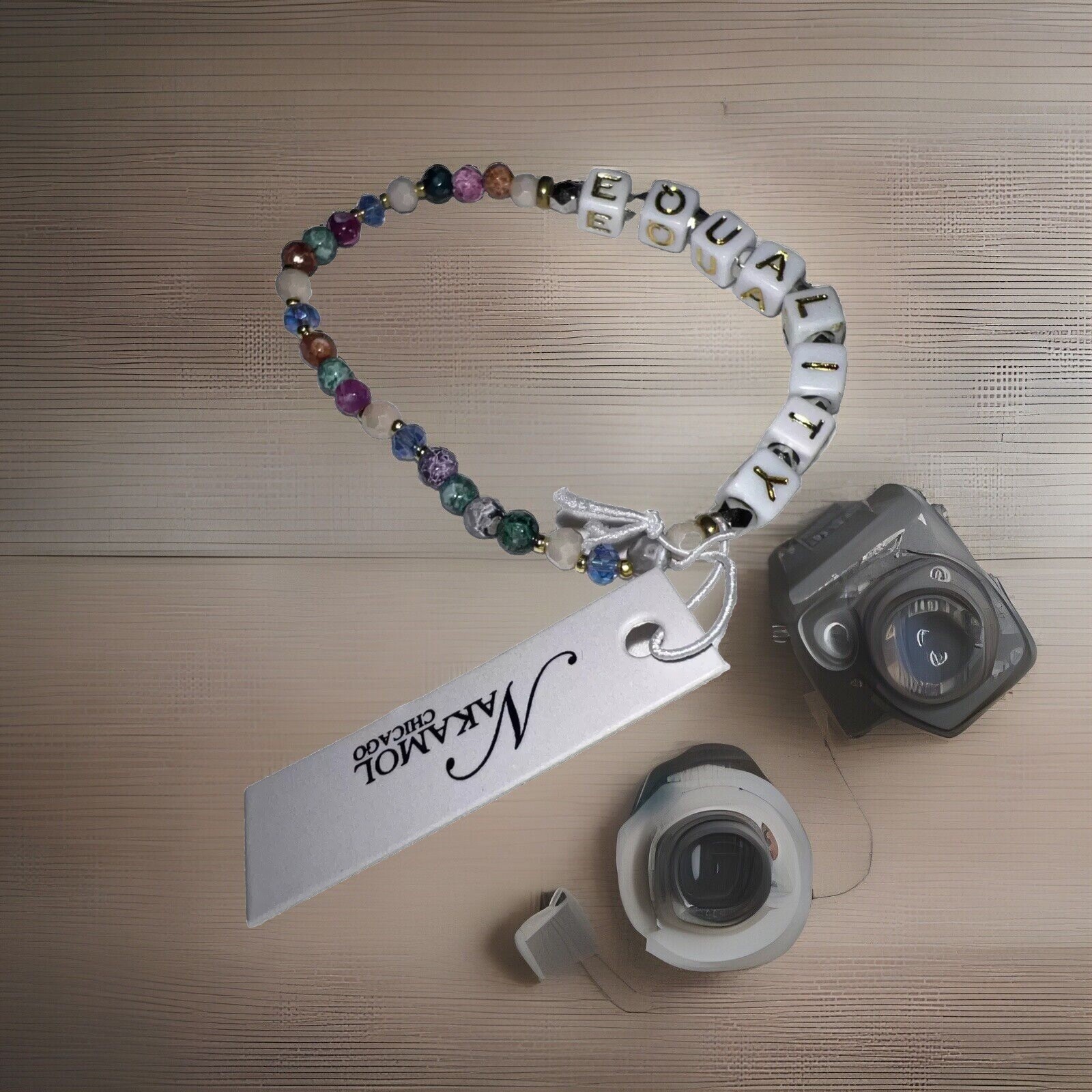 New Nakamol Chicago Handmade Stretchy Bracelet ‘EQUALITY’ in Gold & White