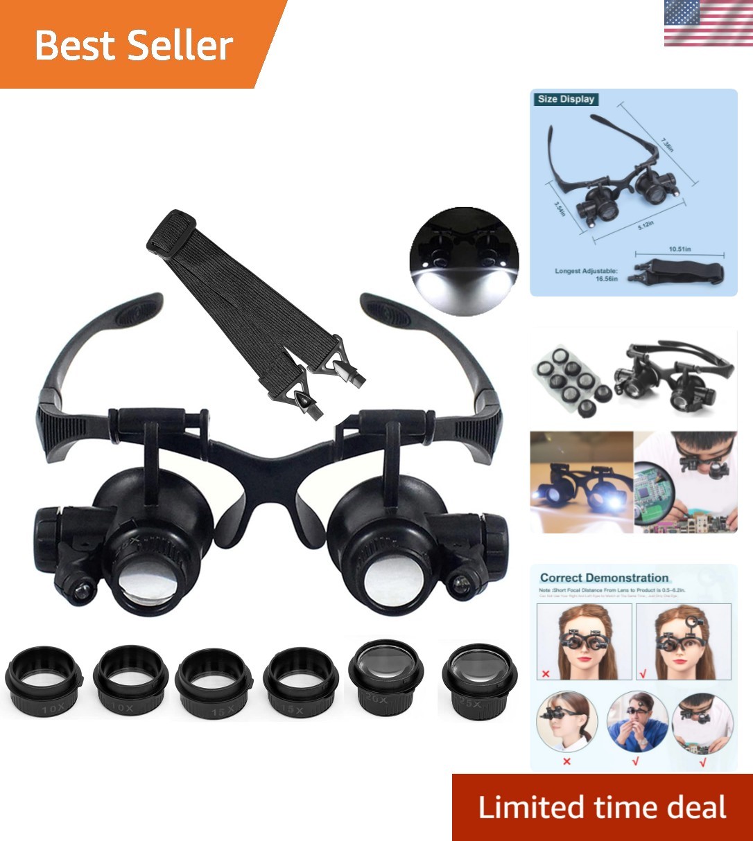 Ergonomic Headband Magnifier with LED Light – Hands-Free 10X-25X Magnification