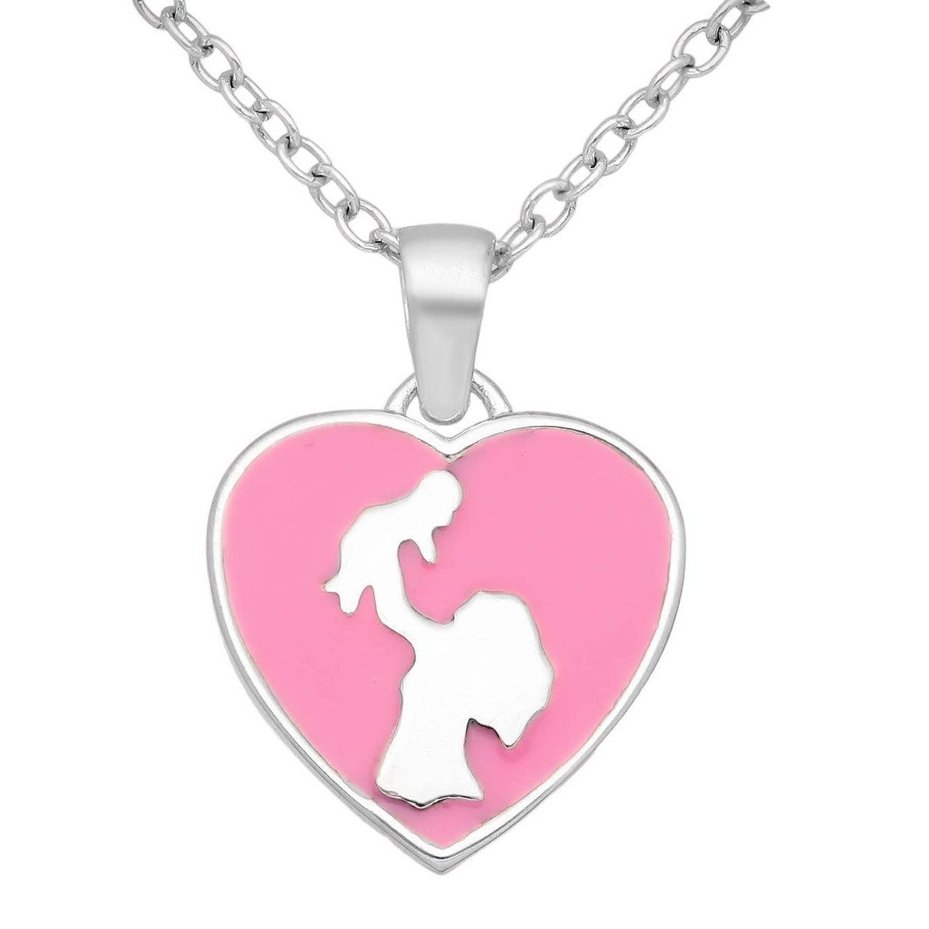 925 Sterling Silver Heart And Mom, Child Pendant Decorated With Colored Enamel