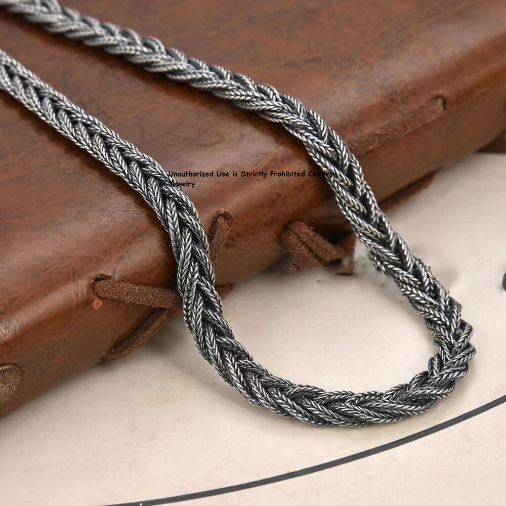 Pure S925 Sterling Silver Chain 6mm Braided Foxtial Link Necklace34-35g 23.6inch