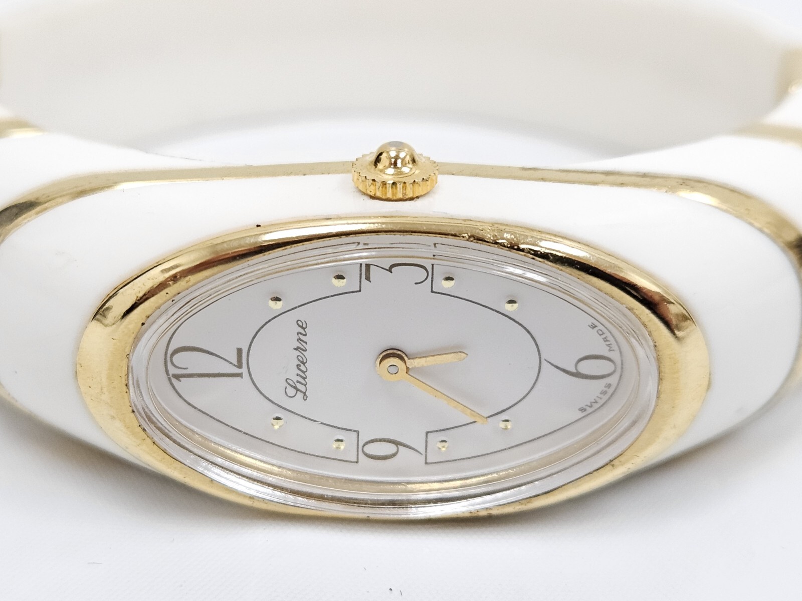 Vintage Lucerne Swiss Mechanical Bangle Watch Gold Tone & White Womens Modern
