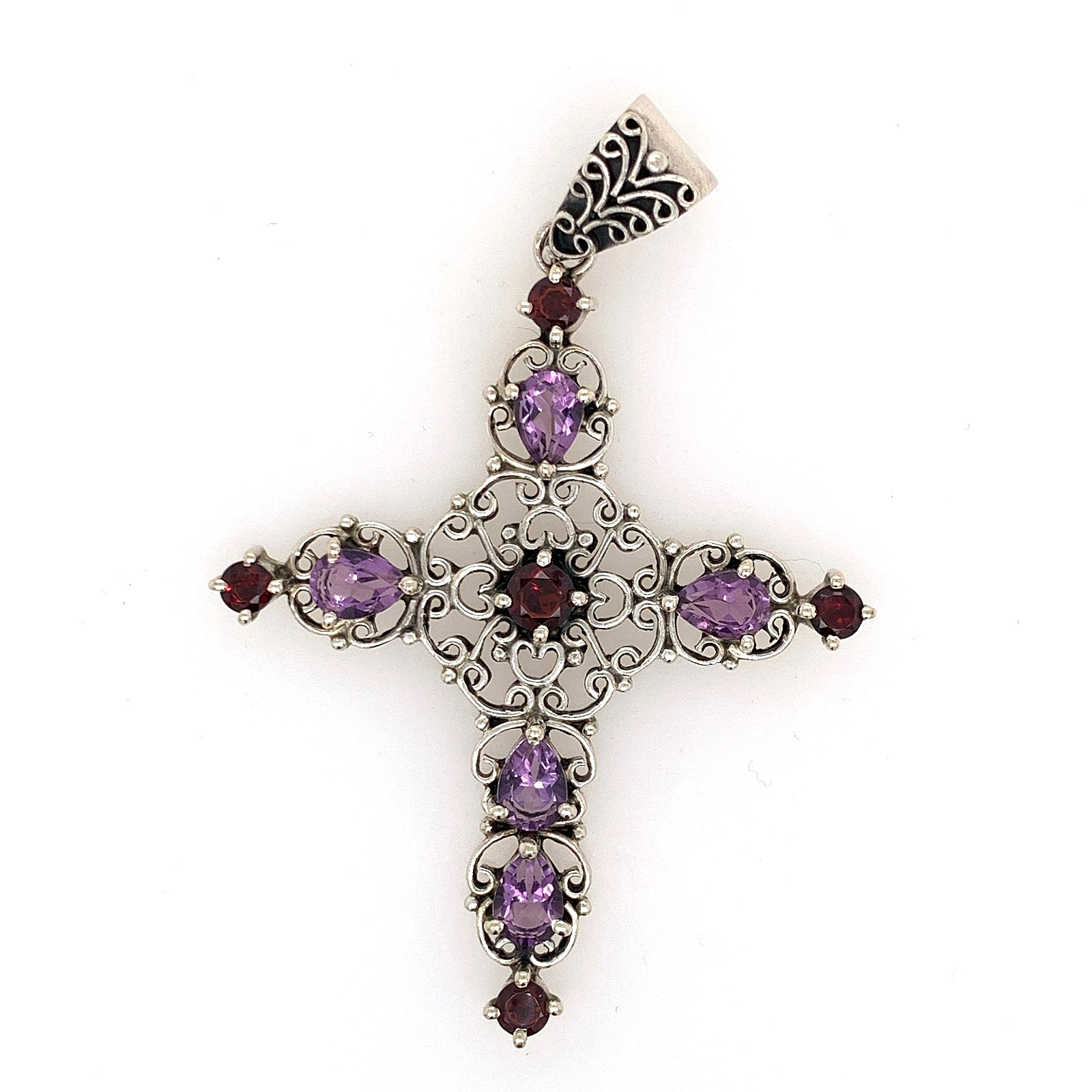 Sterling Silver Doug Paulus Amethyst & Garnet Swirly Cross Pendant for Women