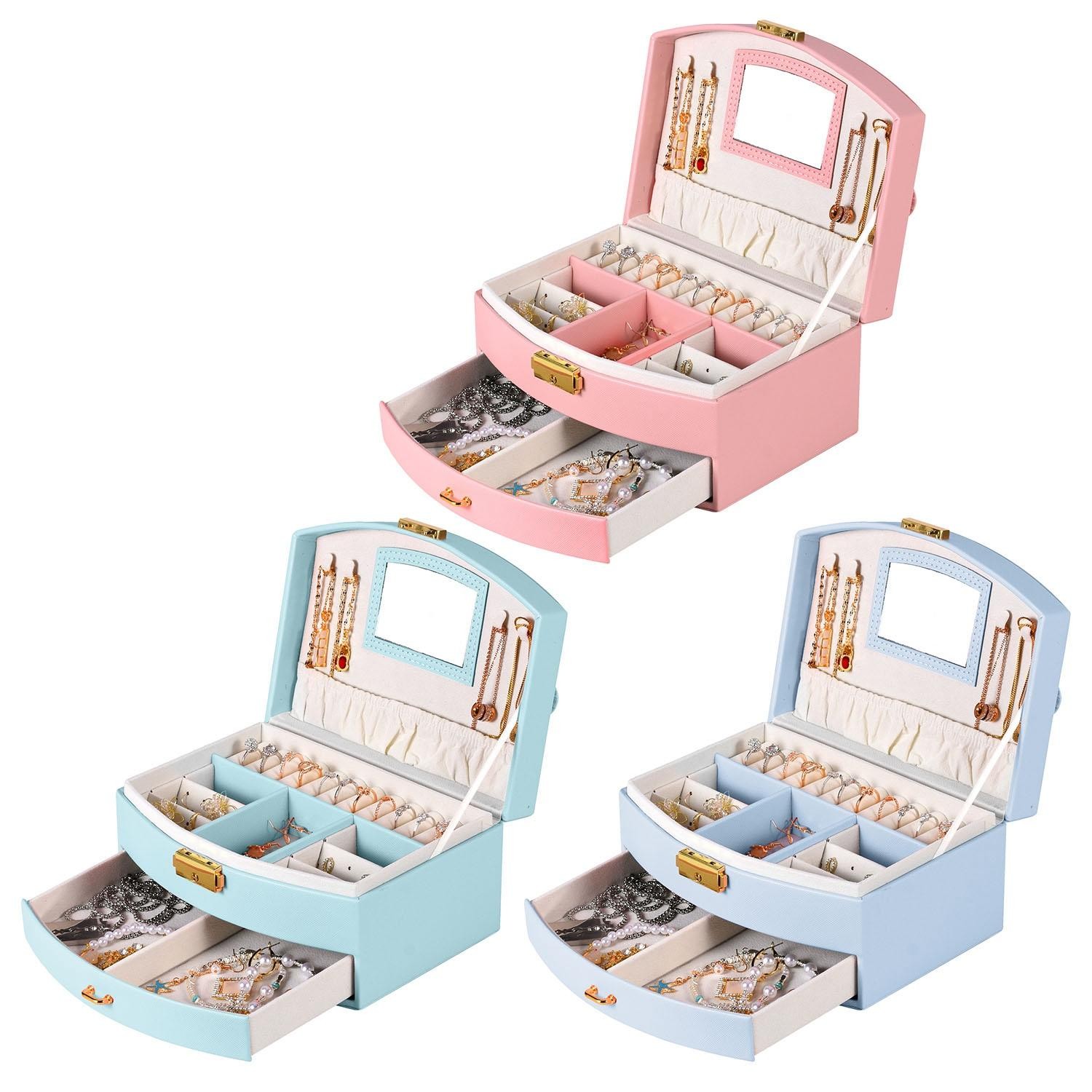 2-Layer Jewelry Box f/ Women Girls Lockable Lear Organizer Travel Case f/ Rings