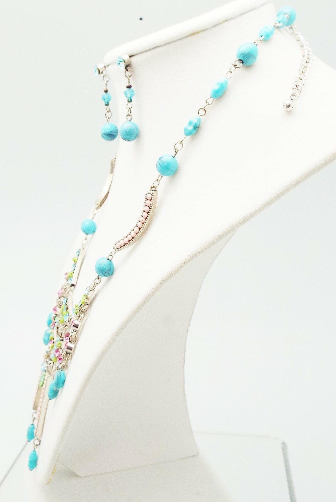 DESIGNER INSPIRED PINK CRYSTAL BLUE FAUX TURQUOISE ACRYLIC SILVER JEWELRY SET
