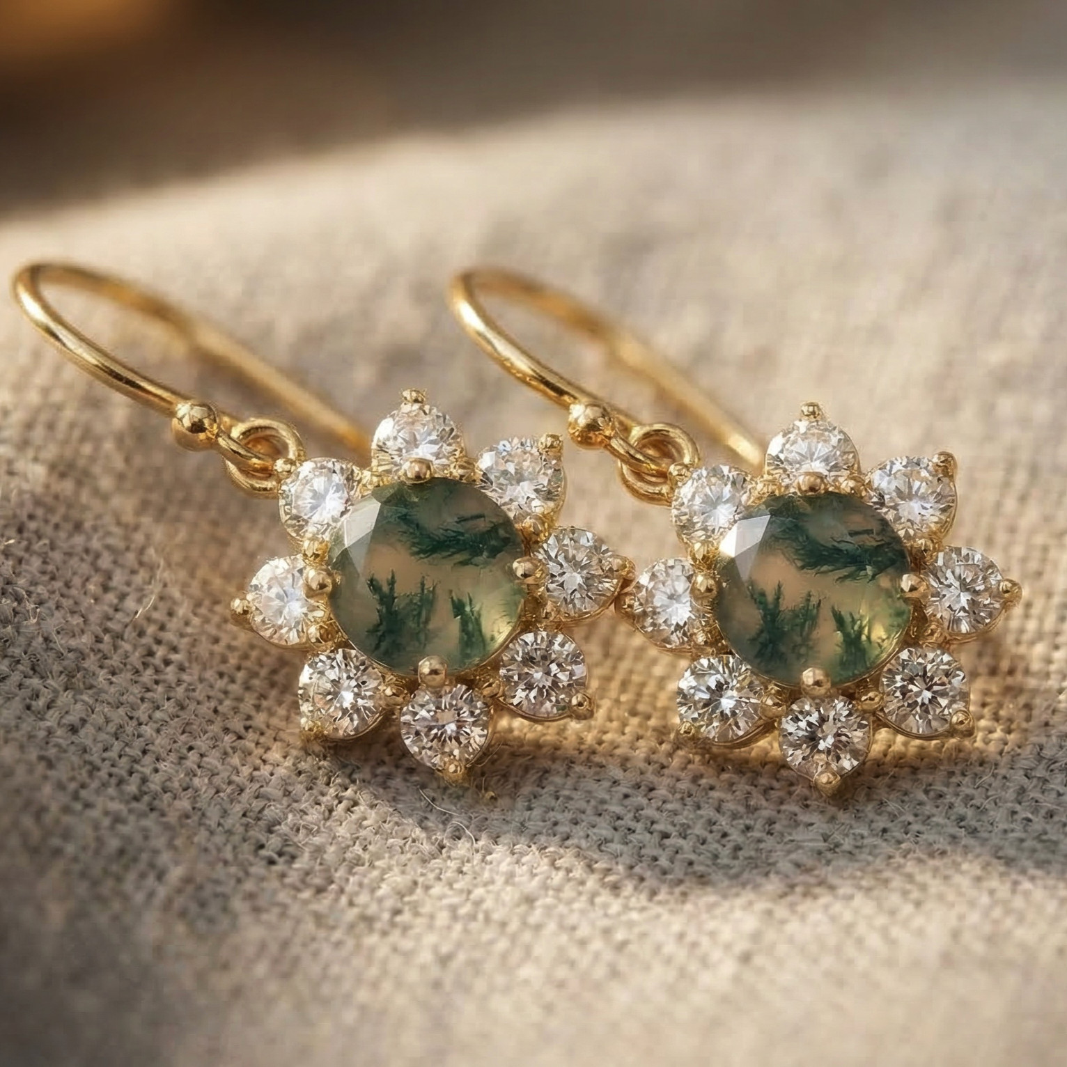 Moss Agate & CZ Statement Drop Silver Earrings,Gold Plated Floral Dangle Earring