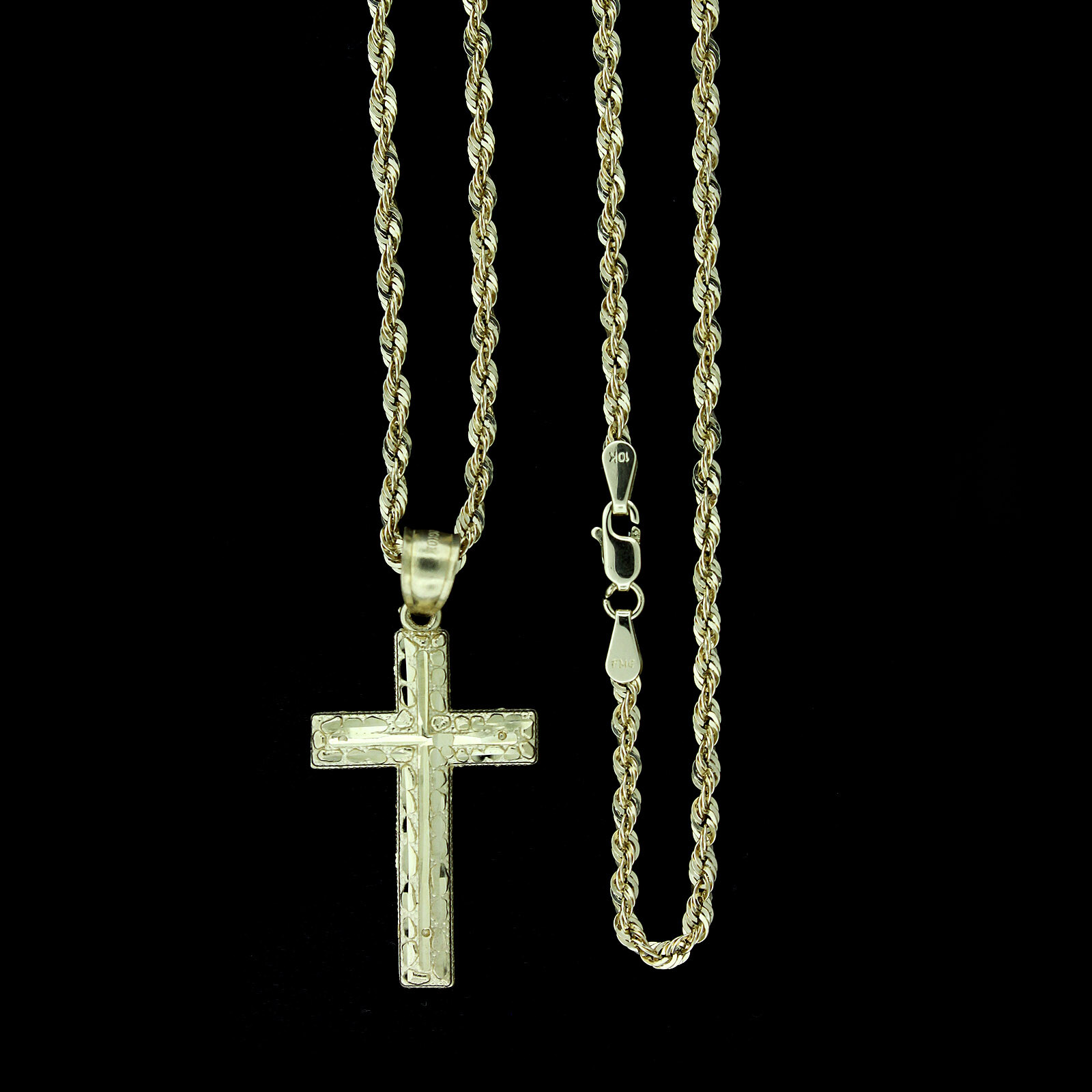 Mens 10K Yellow Gold Nugget Cross Charm Pendant With 2.5mm Rope Chain Necklace