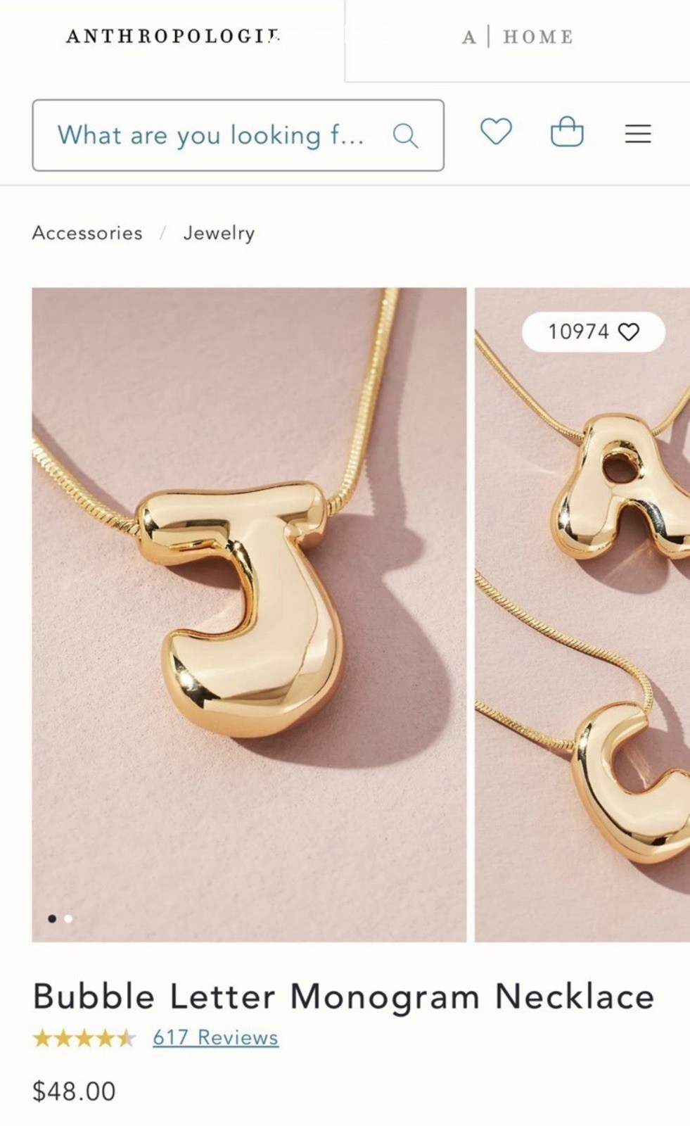 Anthropologie Bubble Letter Monogram Necklace Initial J Gold Tone Snake Chain