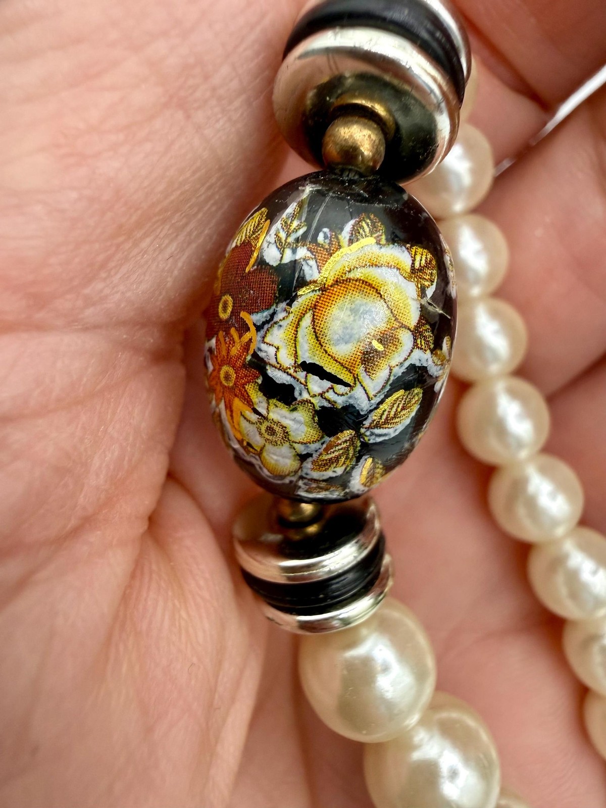 Vintage Faux Pearl Necklace, Black Floral Cloisonné Style Beads, 1980s Statement