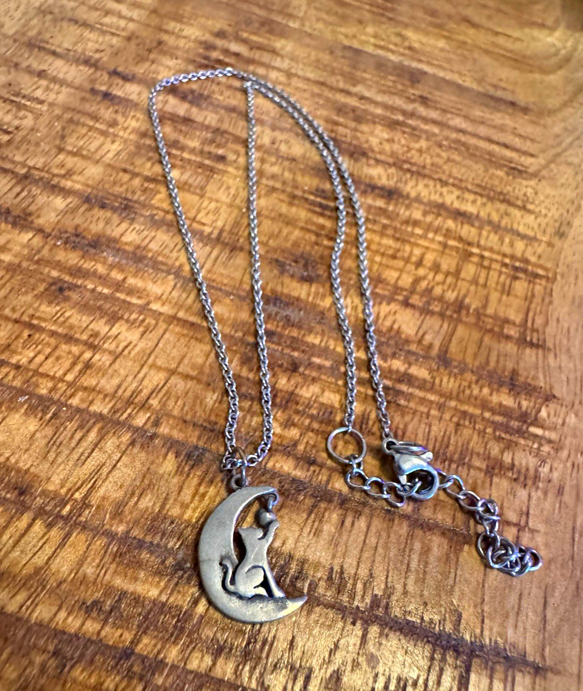 Silver Tone Cat on Crescent Moon Charm Pendant Necklace Cable Chain dangle charm