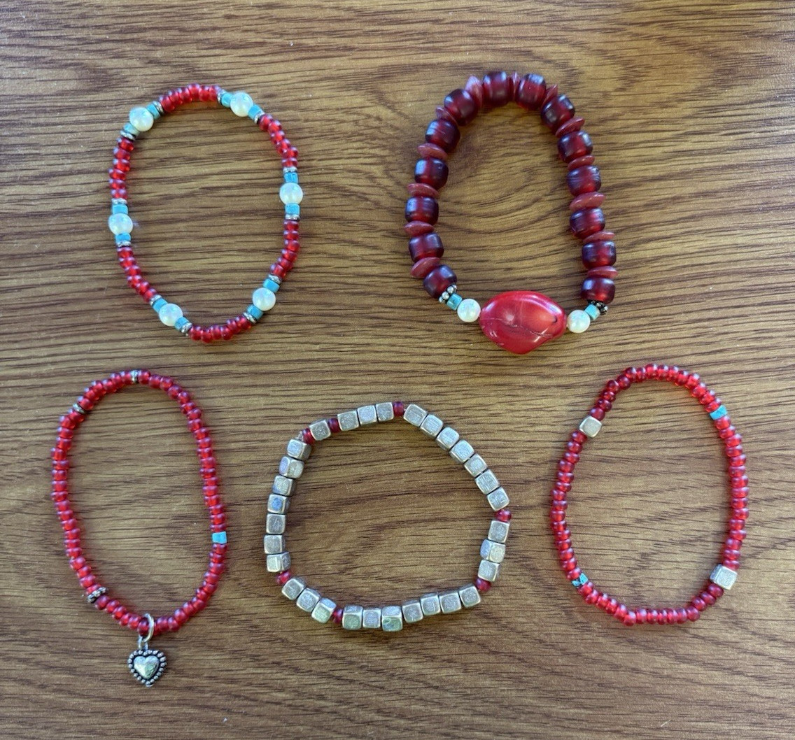 Vintage Set of 5 Stretch Bracelets Silver Red Turquoise Burgundy Boho/Southwest