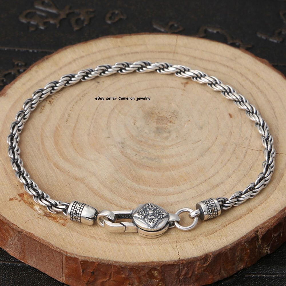 Pure S925 Sterling Silver Chain Men Women 3mm Rope Link Bracelet 6.7-8.3inch