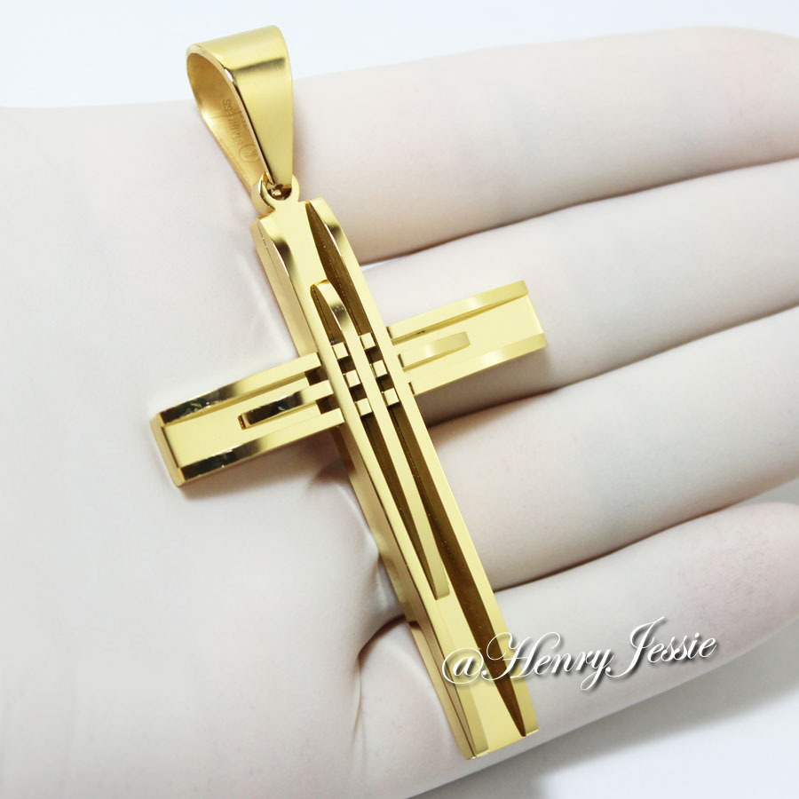 18″-40″MEN Stainless Steel 8mm Gold Plated Interlock Bone Chain Cross Pendant*A