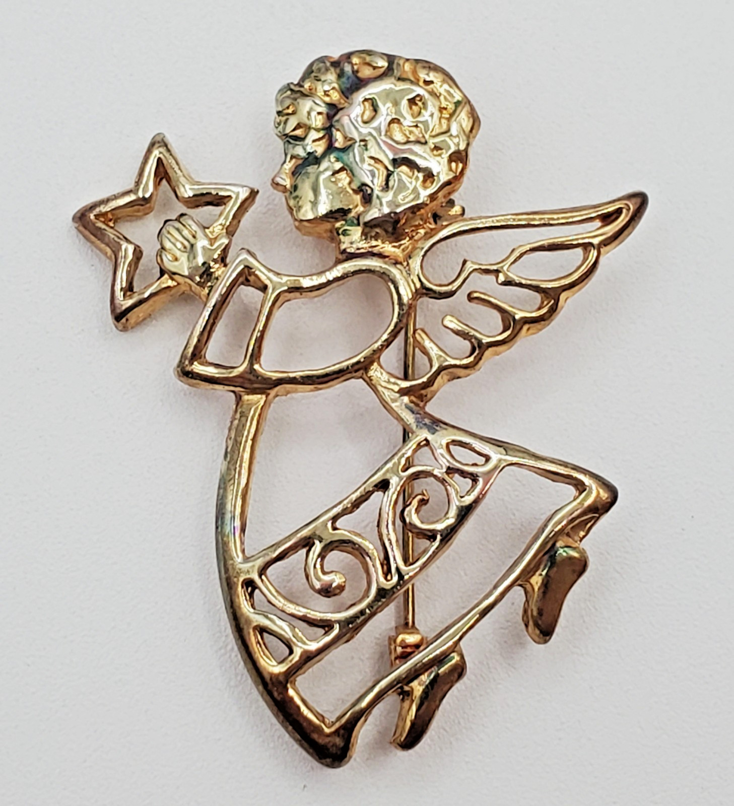 VTG Angel Brooch 2in Gold Tone Angel Star Celestial Open Work Cutout Estate Pin