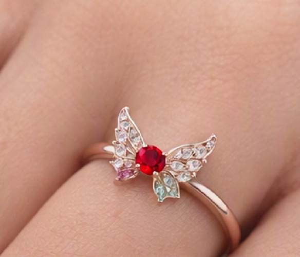 2ct Round Cut Simulated Red Ruby/CZ Butterfly Cocktail Ring 14k Rose Gold Plated