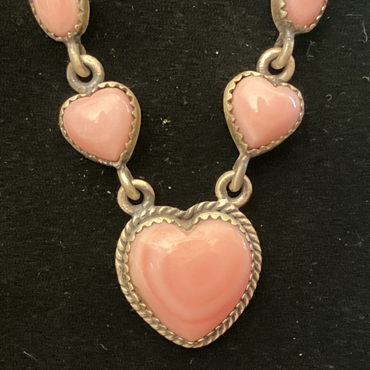 Pink Conch Shell Heart Station Necklace 18″ Cable Signed Natural Sterling 925